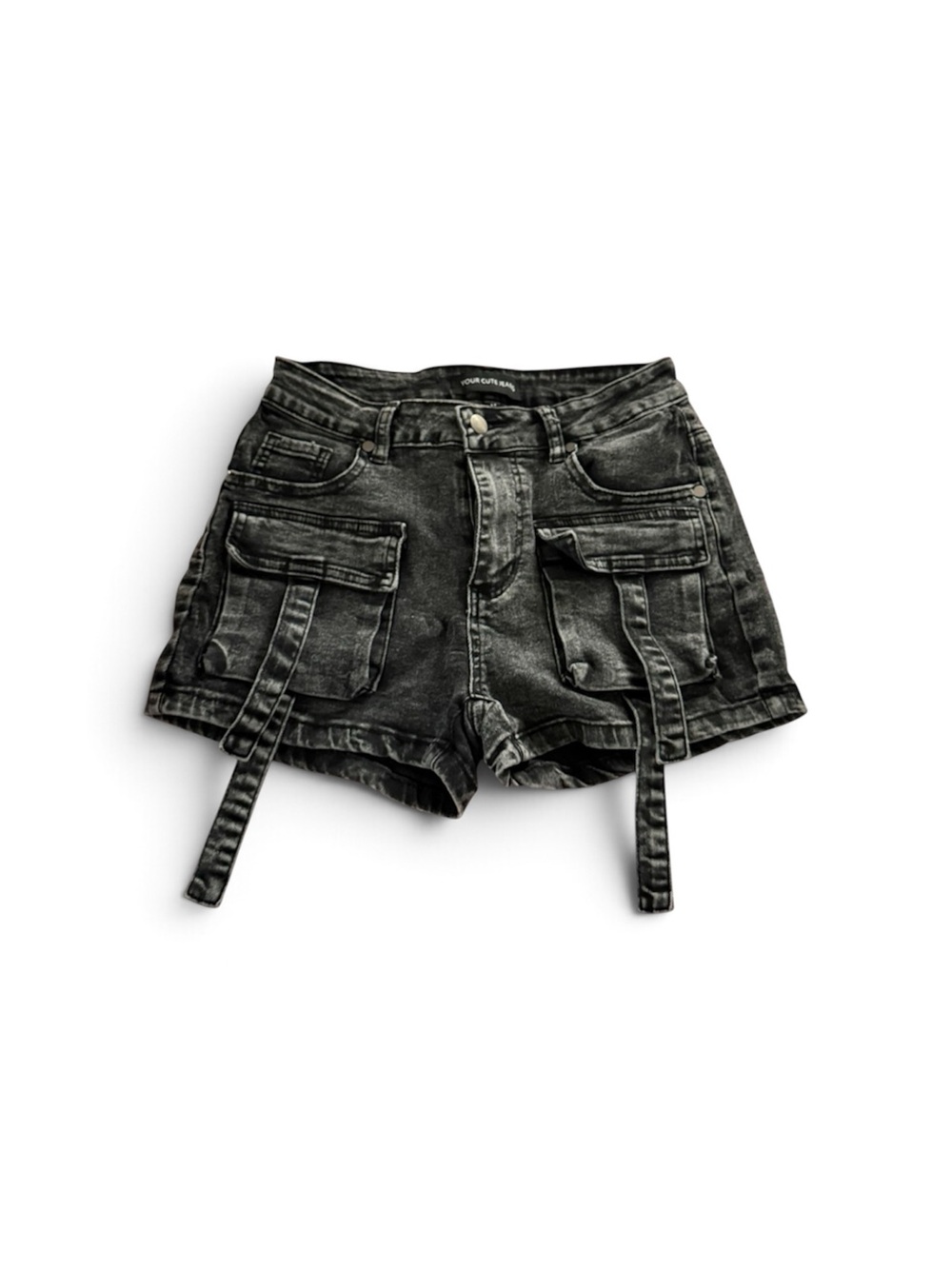 Washed Black Denim Cargo Shorts with Utility Straps